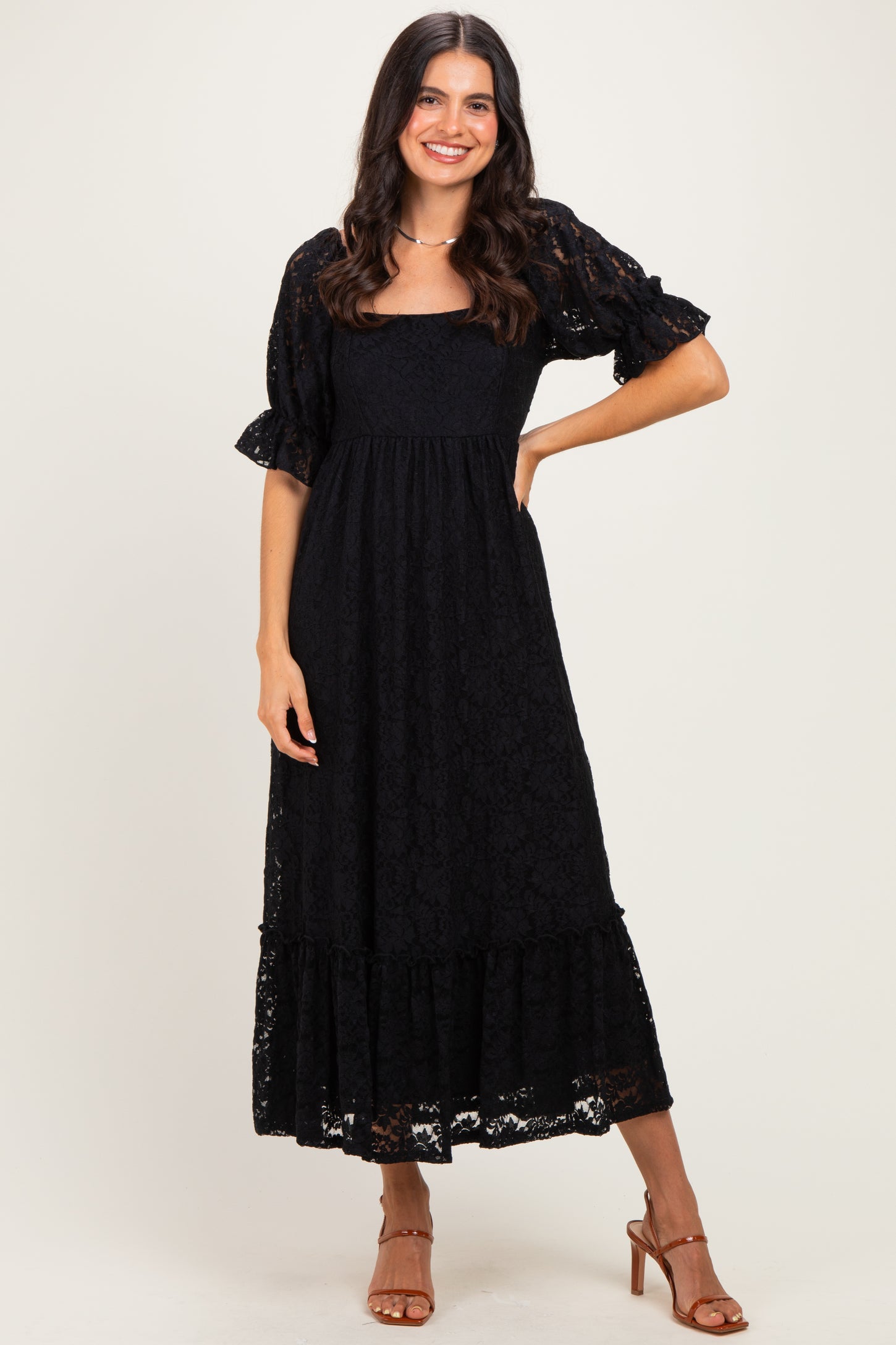 Black Floral Lace Square Neck Maternity Maxi Dress