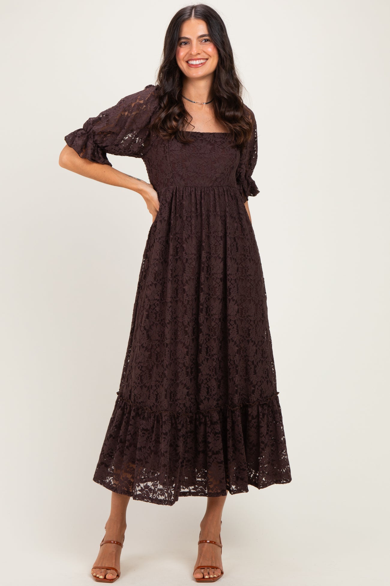 Brown Lace Square Neck Maxi Dress