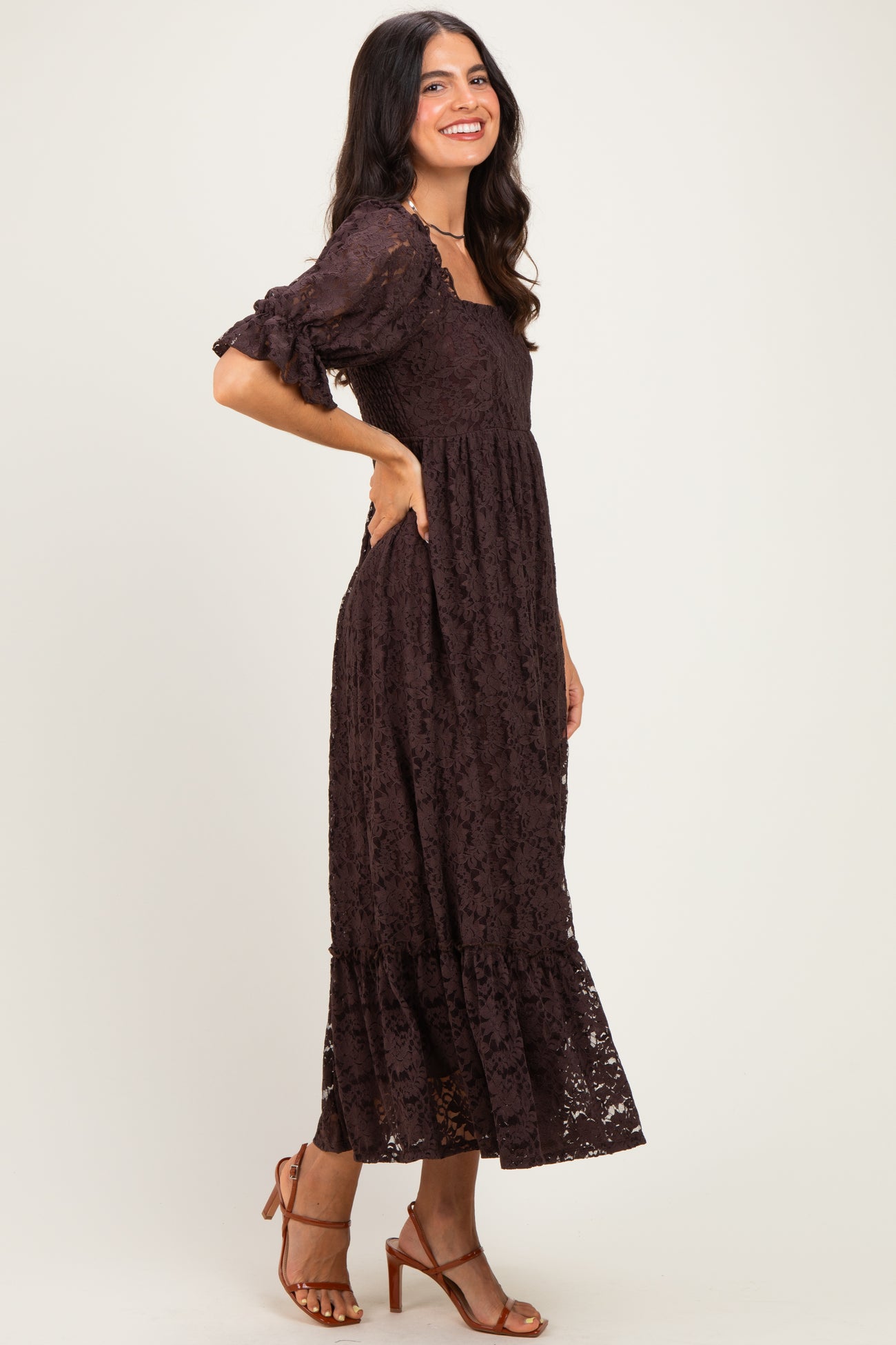 Brown Lace Square Neck Maxi Dress