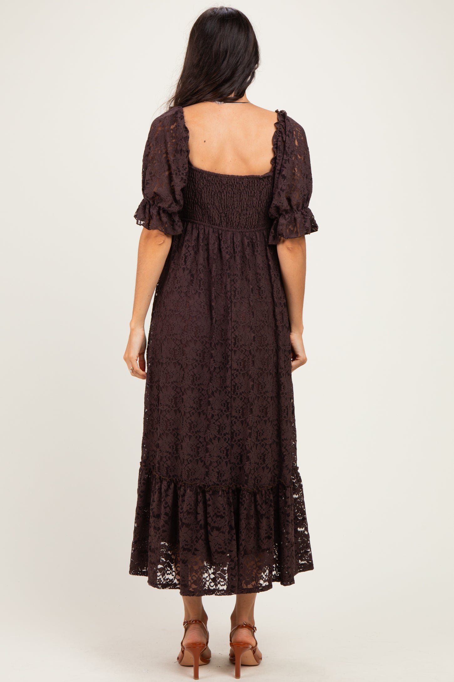 Brown Lace Square Neck Maxi Dress