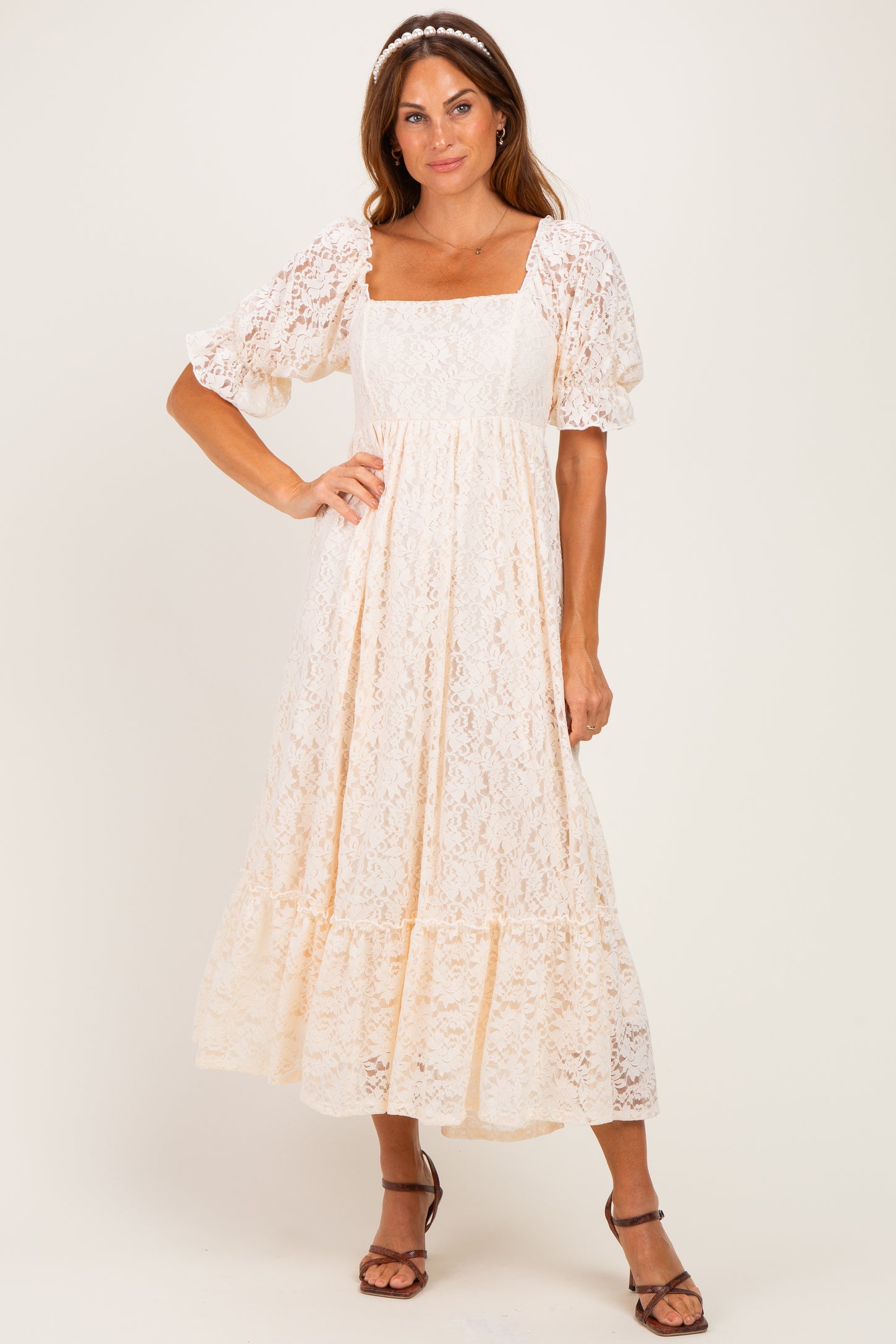 Beige Floral Lace Square Neck Maternity Maxi Dress