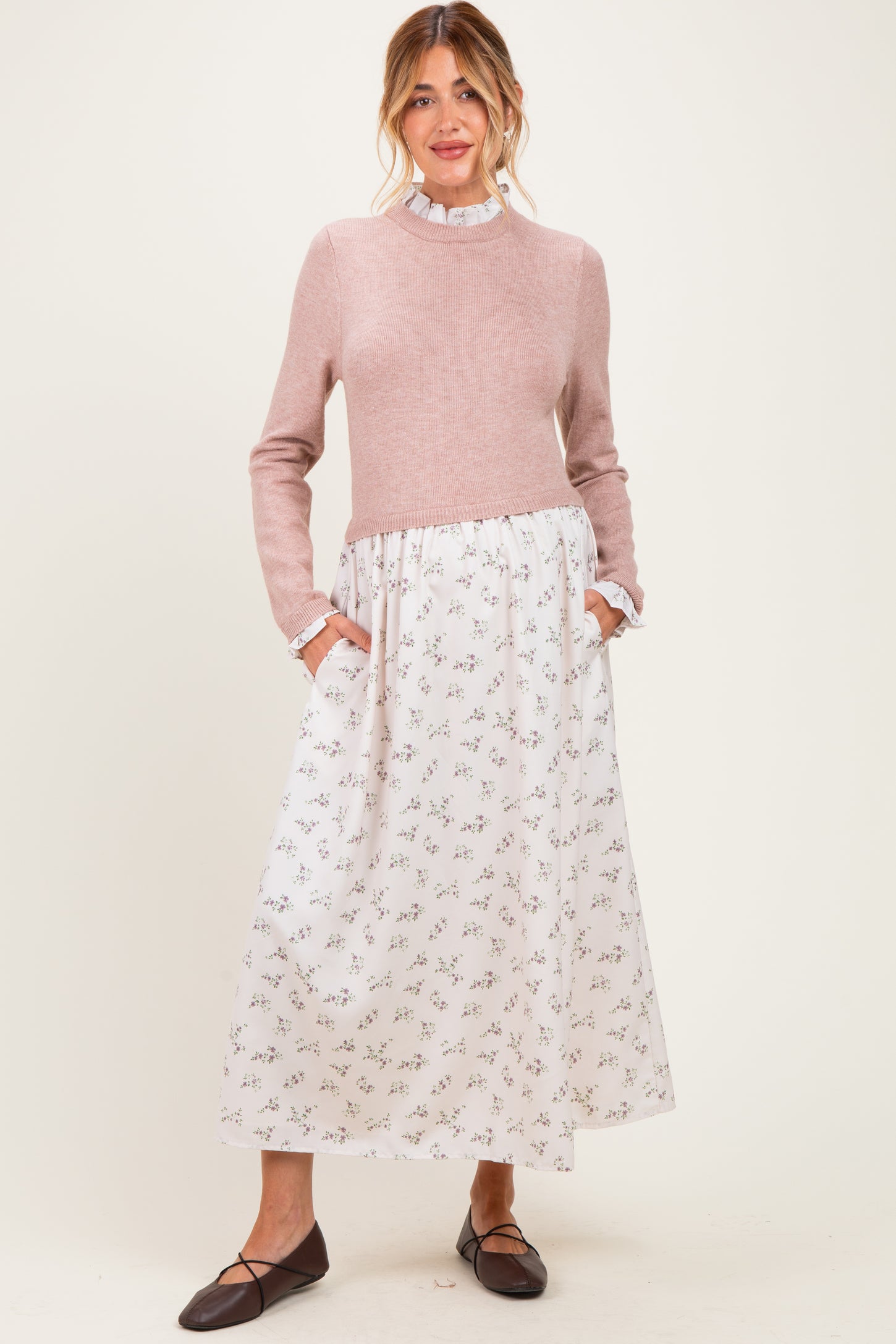 Cream Floral Sweater Contrast Maternity Midi Dress