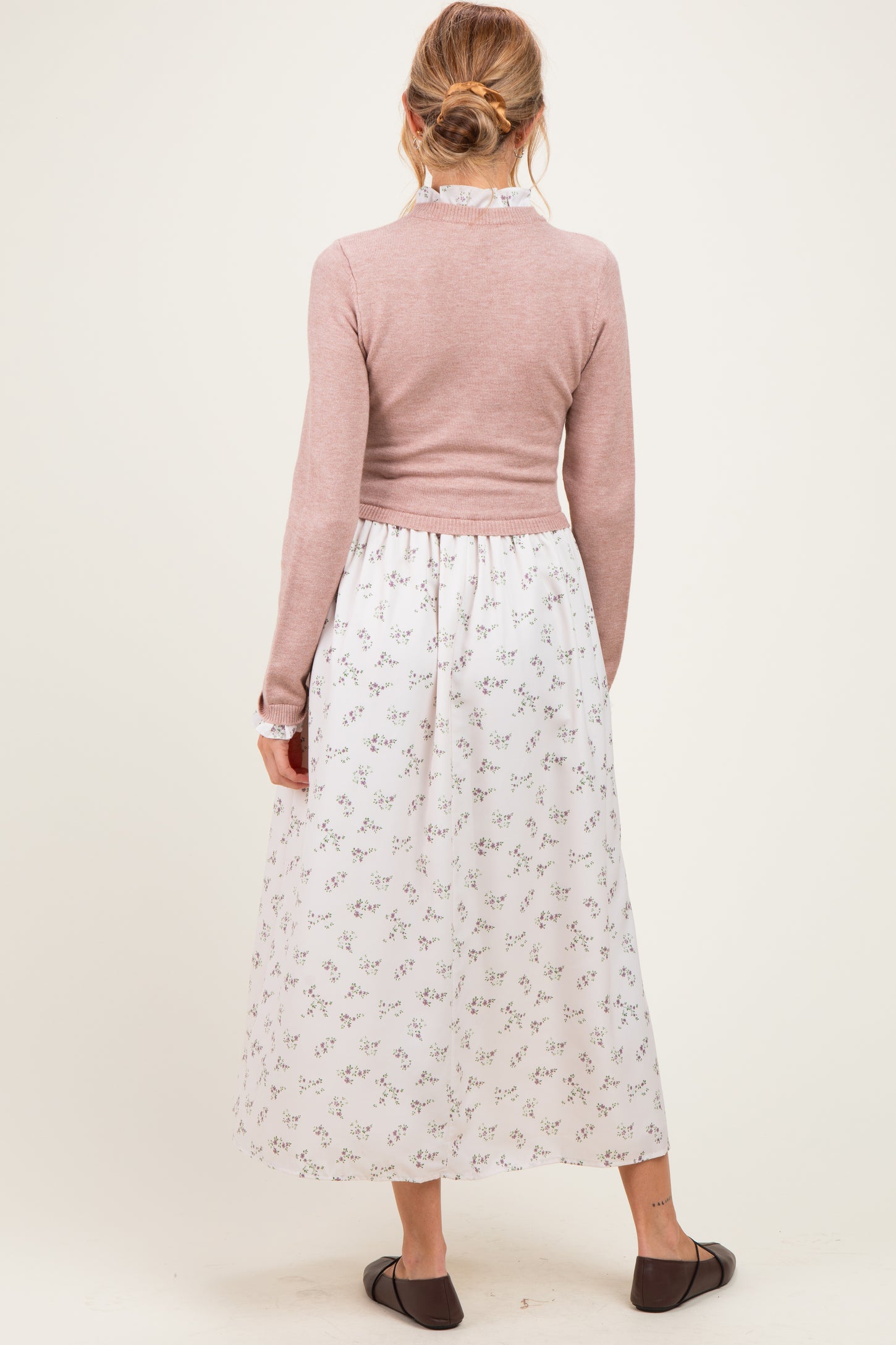 Cream Floral Sweater Contrast Maternity Midi Dress