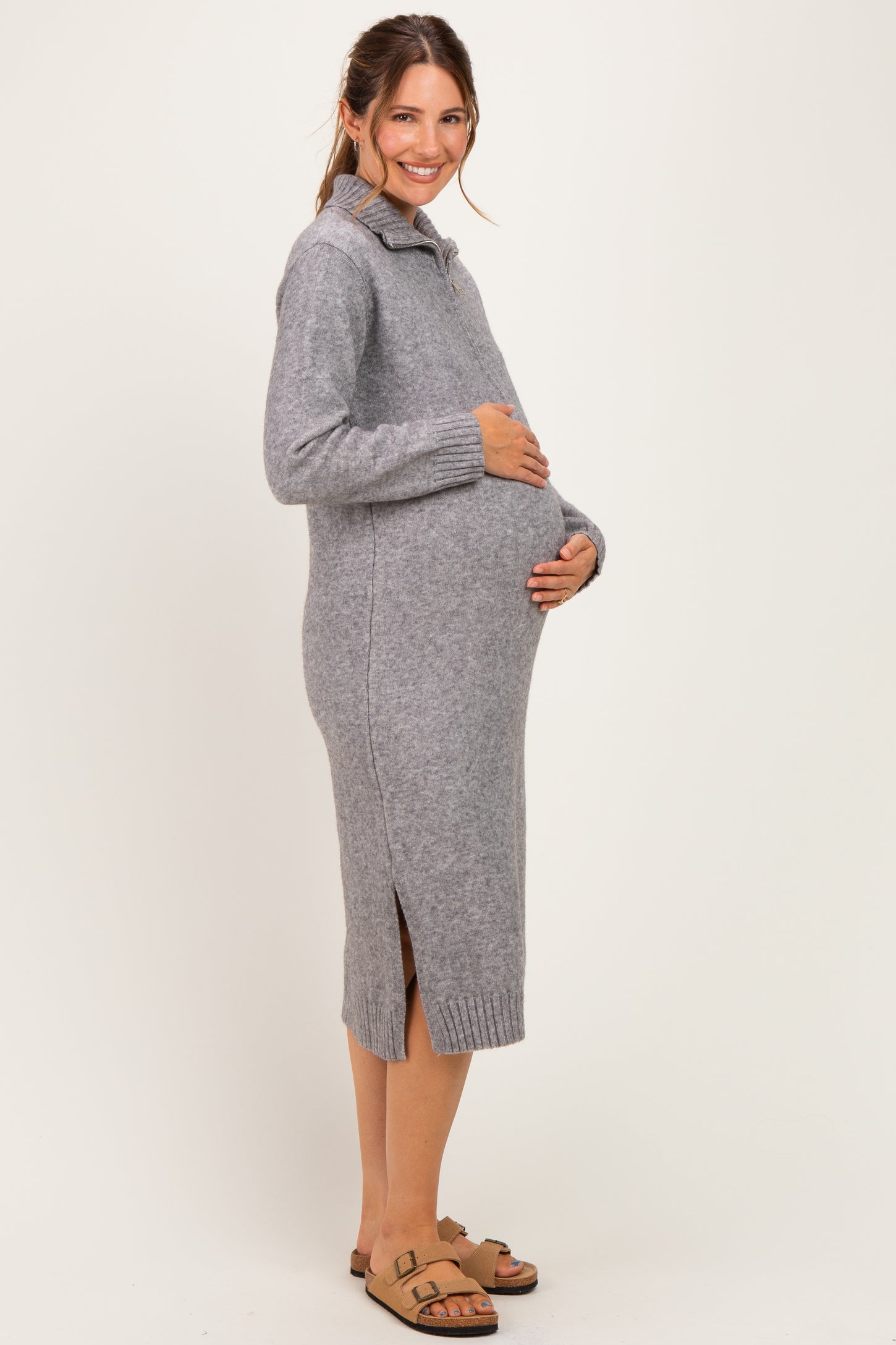 Grey Half-Zip Collar Side Slit Maternity Midi Sweater Dress