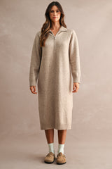 Light Mocha Half-Zip Collar Side Slit Maternity Midi Sweater Dress