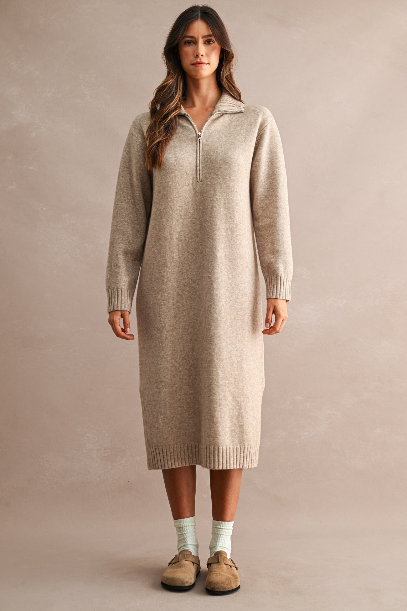 Light Mocha Half-Zip Collar Side Slit Midi Sweater Dress