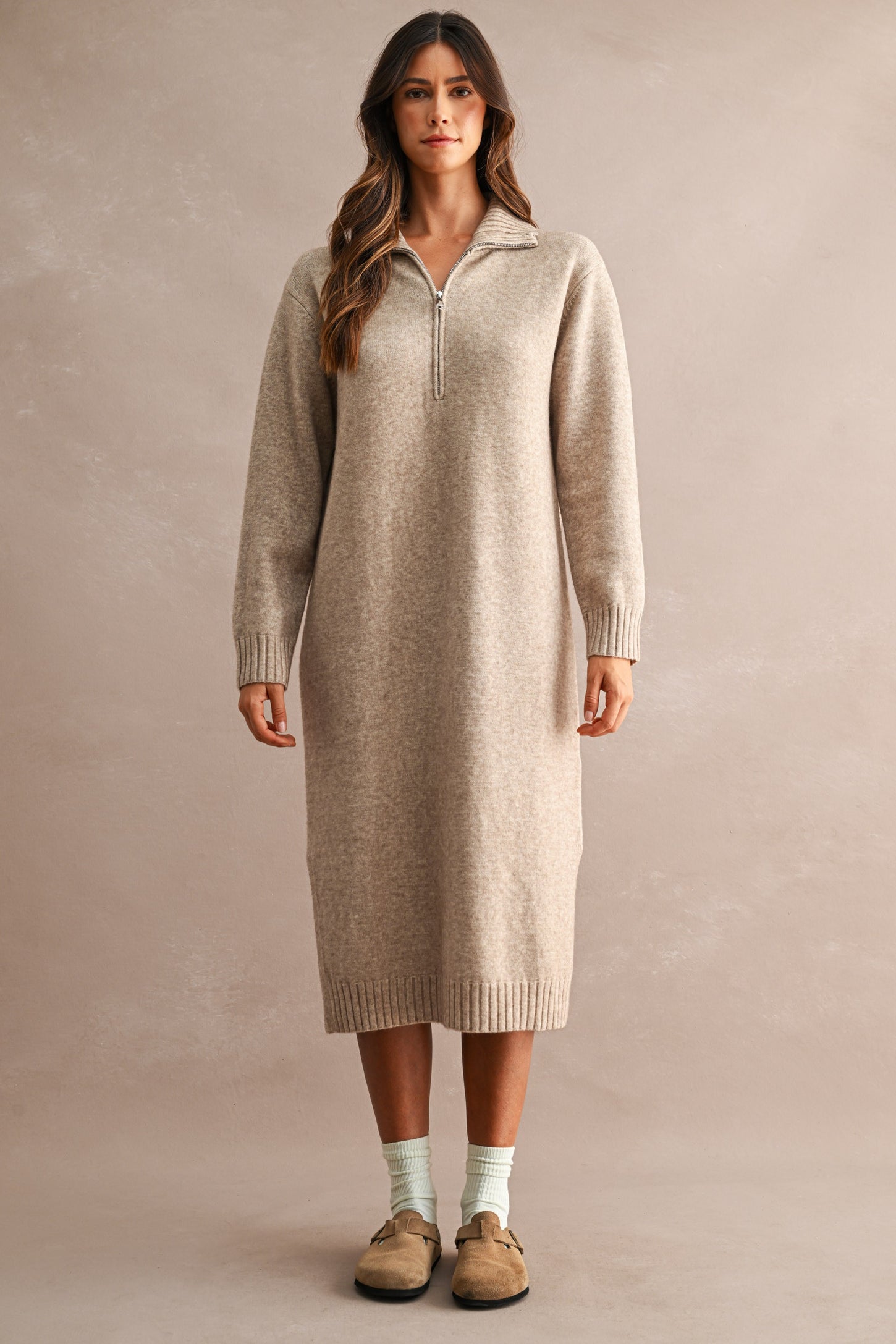 Light Mocha Half-Zip Collar Side Slit Midi Sweater Dress