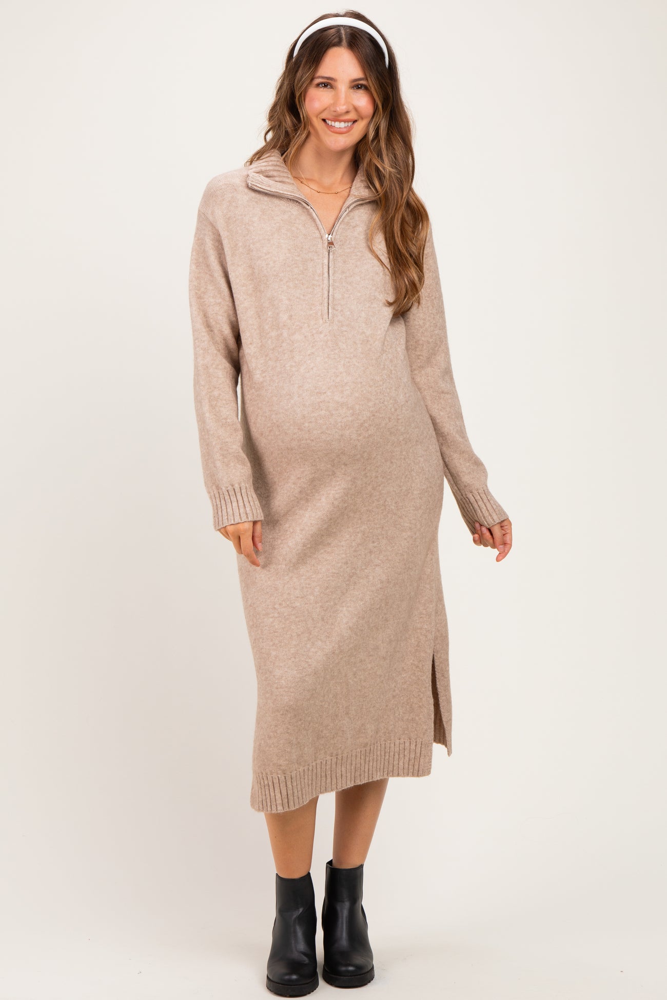 Light Mocha Half-Zip Collar Side Slit Maternity Midi Sweater Dress