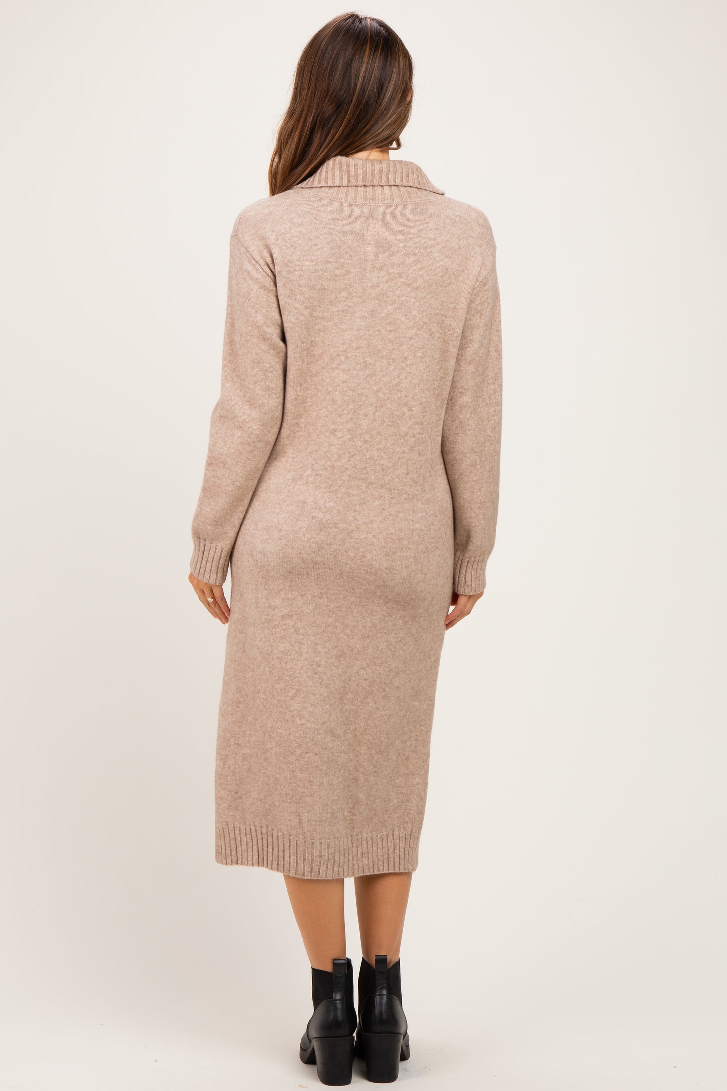 Light Mocha Half-Zip Collar Side Slit Maternity Midi Sweater Dress