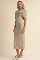 Sand Mock Neck Shawl Midi Sweater Dress