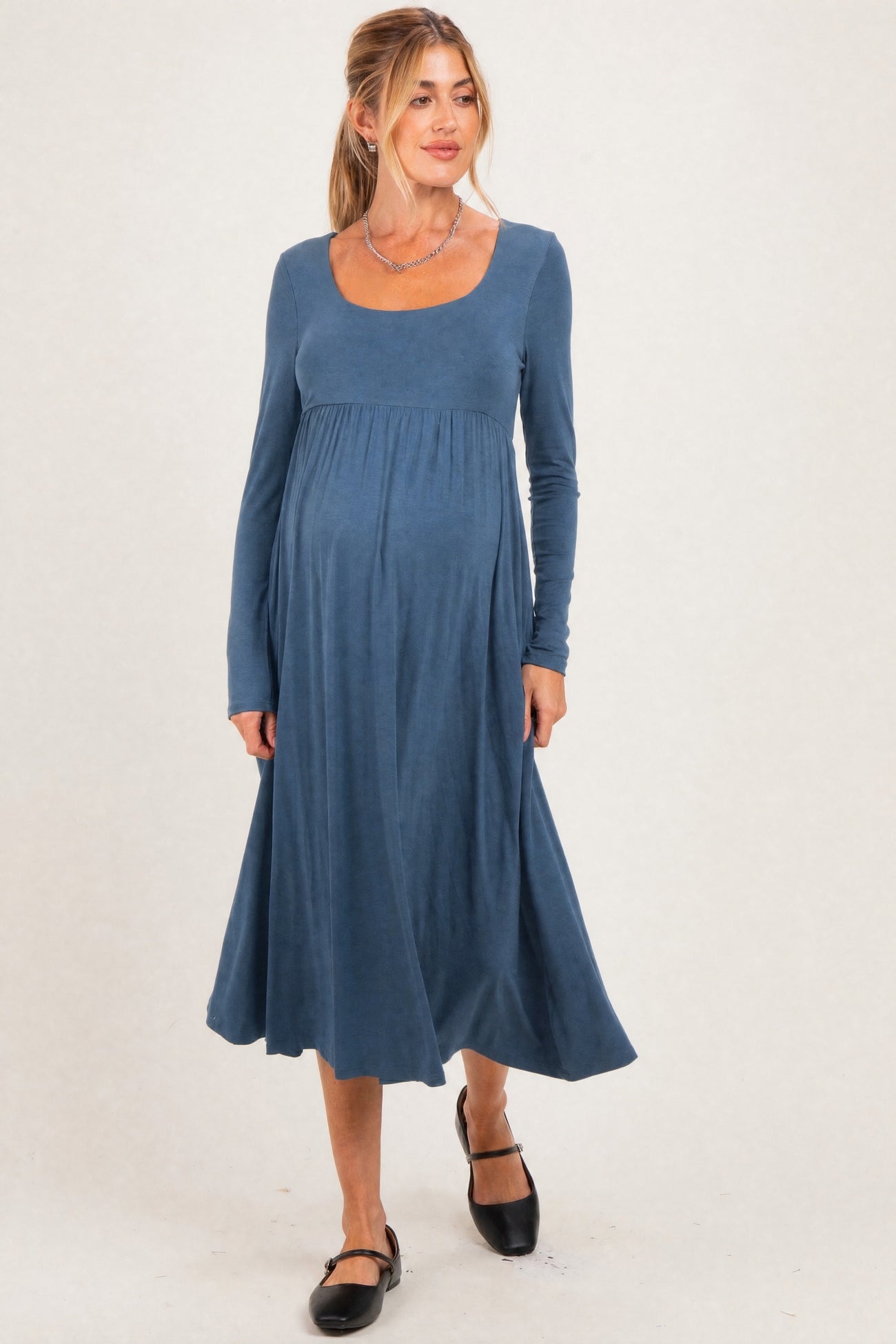 Teal Long Sleeve Scoop Neck Maternity Maxi Dress