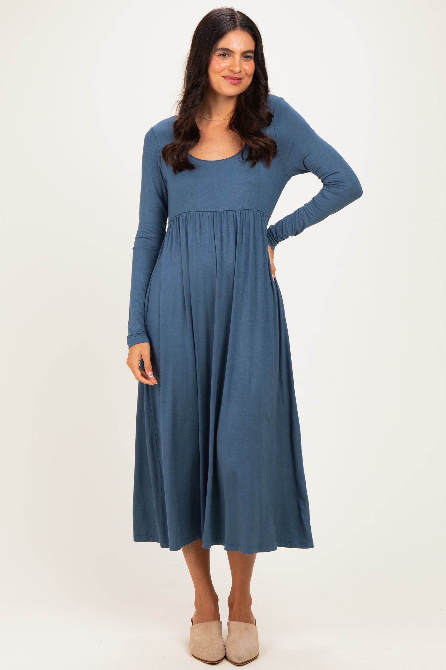 Teal Long Sleeve Scoop Neck Maternity Maxi Dress