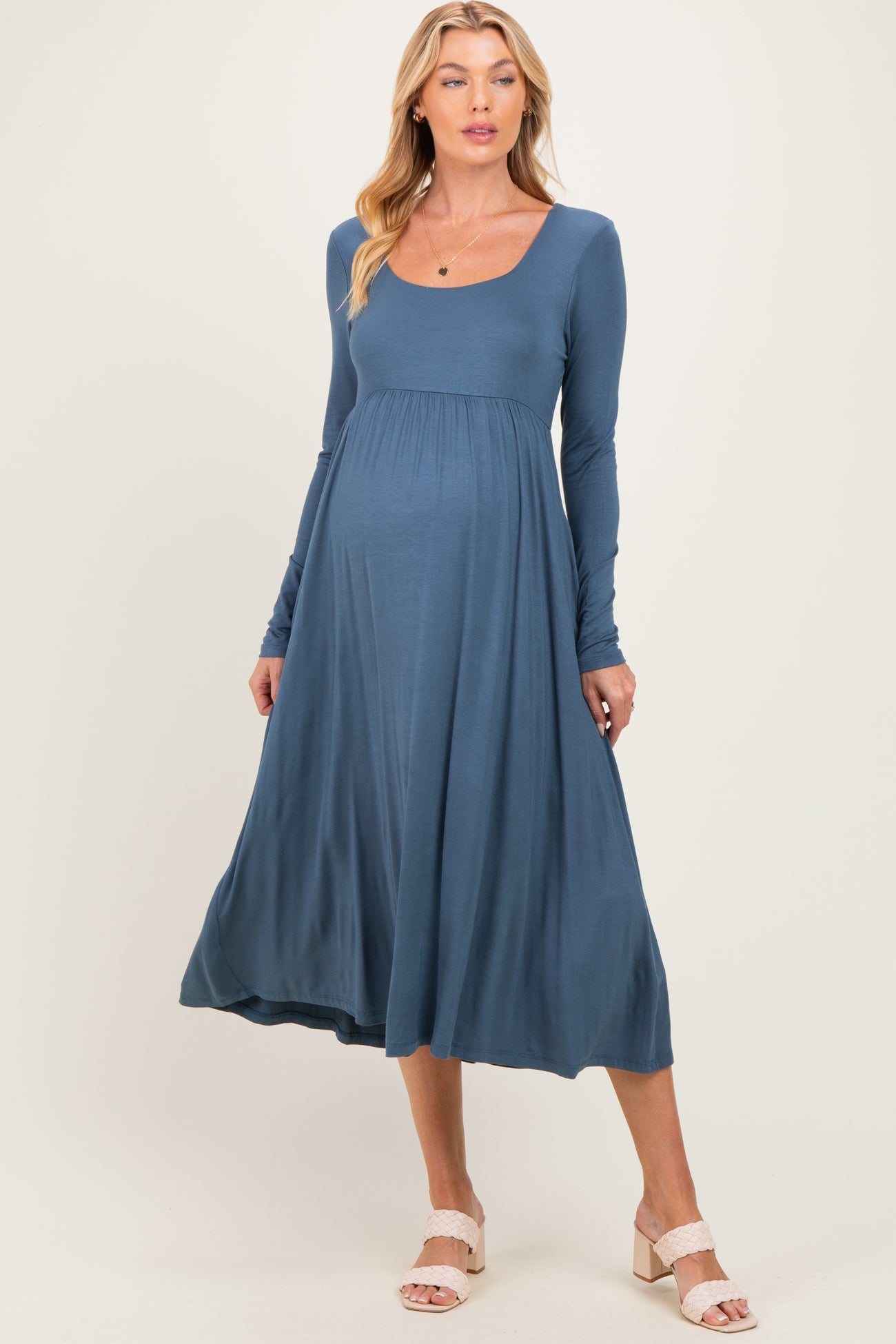 Teal Long Sleeve Scoop Neck Maternity Maxi Dress