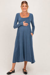 Teal Long Sleeve Scoop Neck Maternity Maxi Dress