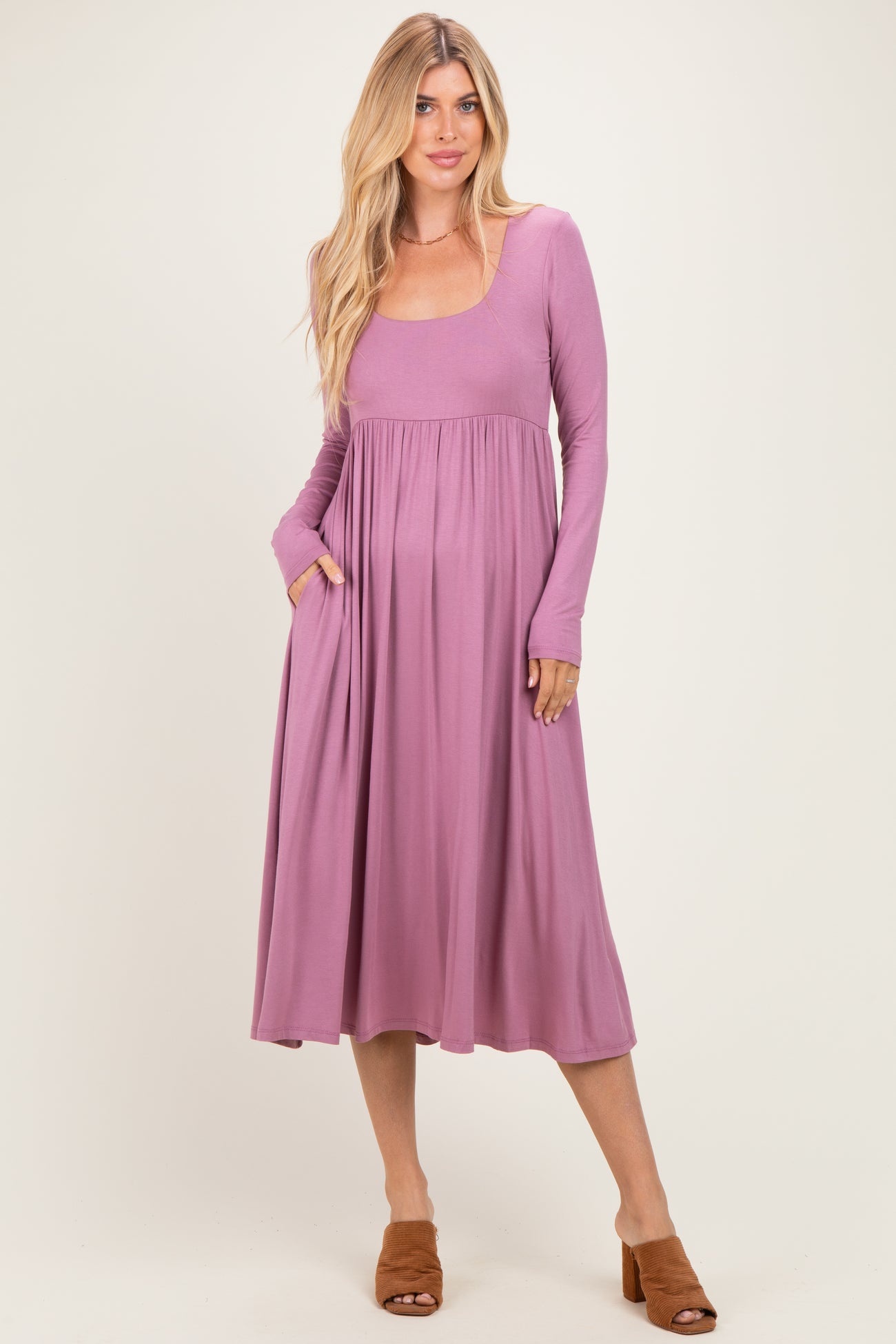 Mauve Lavender Long Sleeve Scoop Neck Maxi Dress