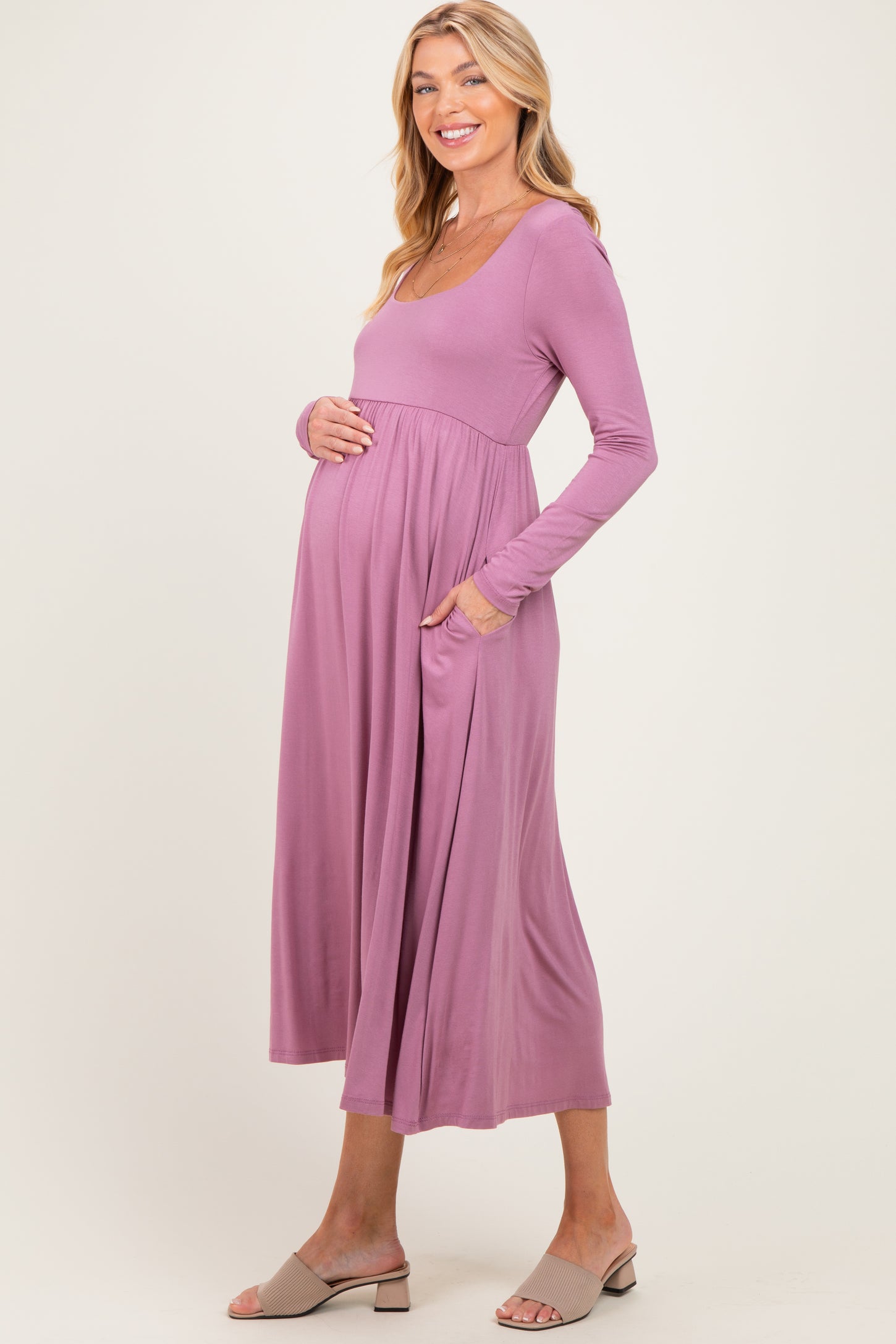 Mauve Lavender Long Sleeve Scoop Neck Maternity Maxi Dress