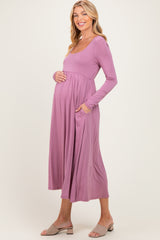 Mauve Lavender Long Sleeve Scoop Neck Maternity Maxi Dress