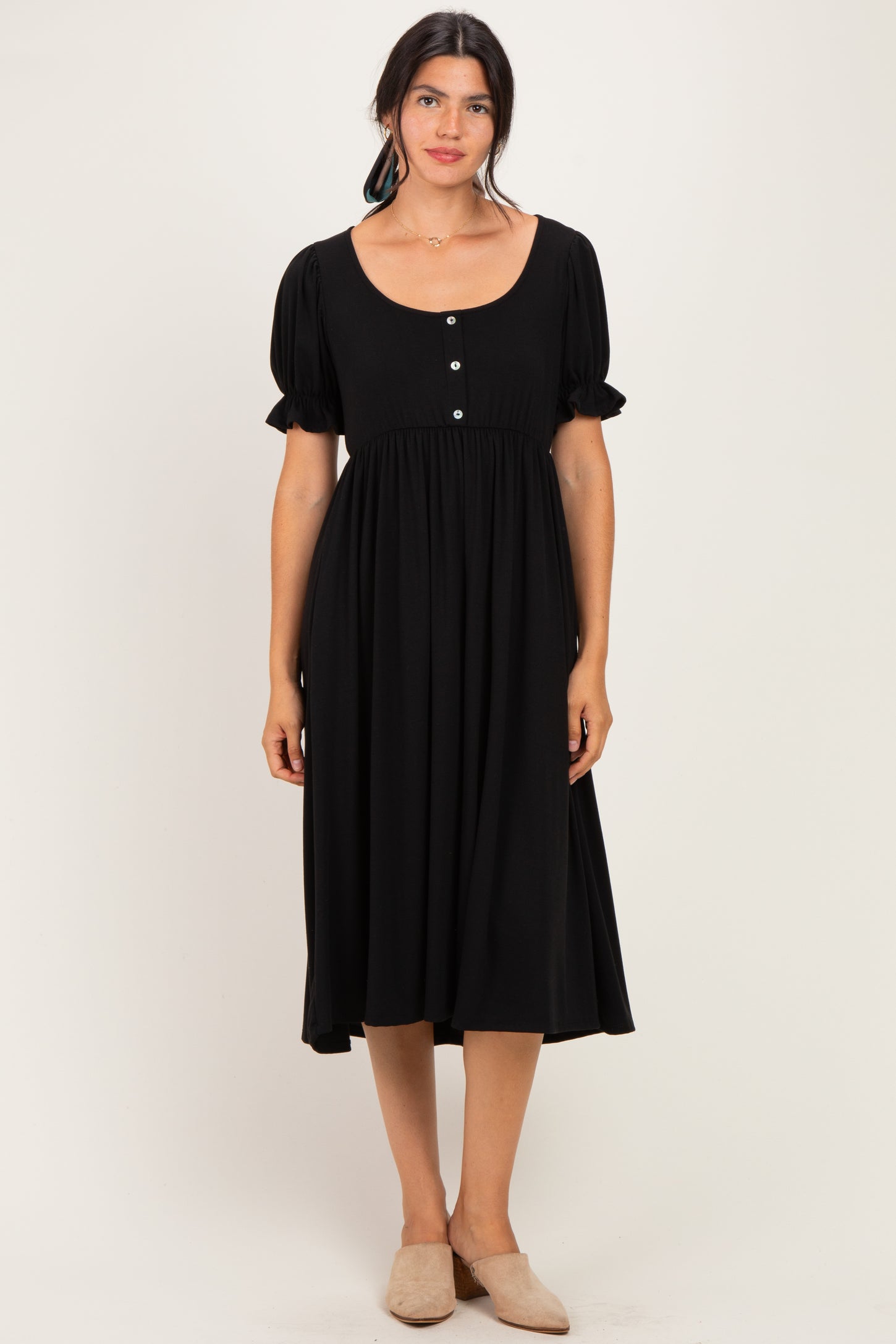 Black Button Front Short Ruffle Sleeve Midi Dress