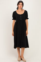 Black Button Front Short Ruffle Sleeve Midi Dress