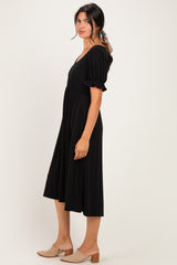 Black Button Front Short Ruffle Sleeve Midi Dress
