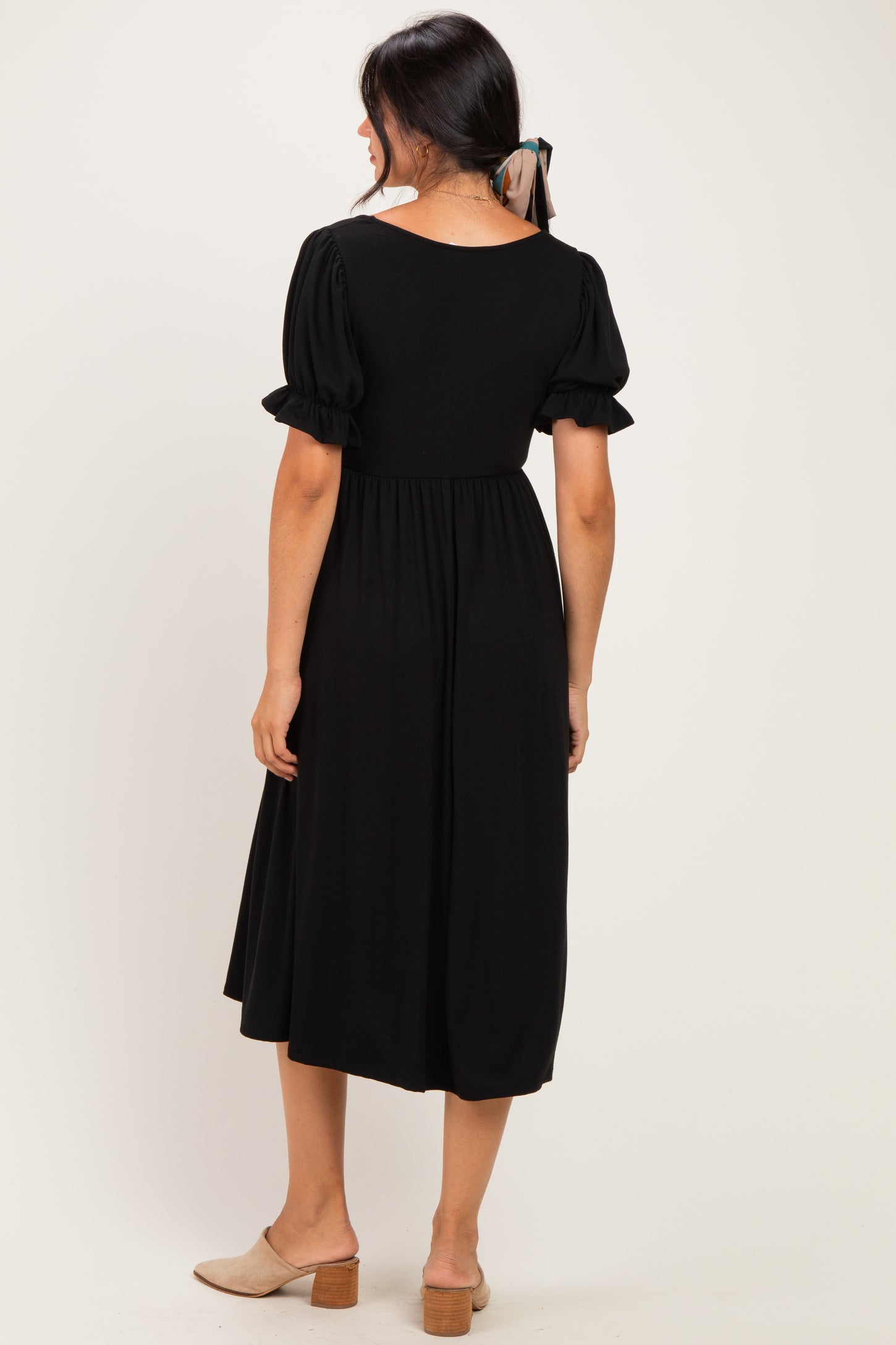 Black Button Front Short Ruffle Sleeve Midi Dress
