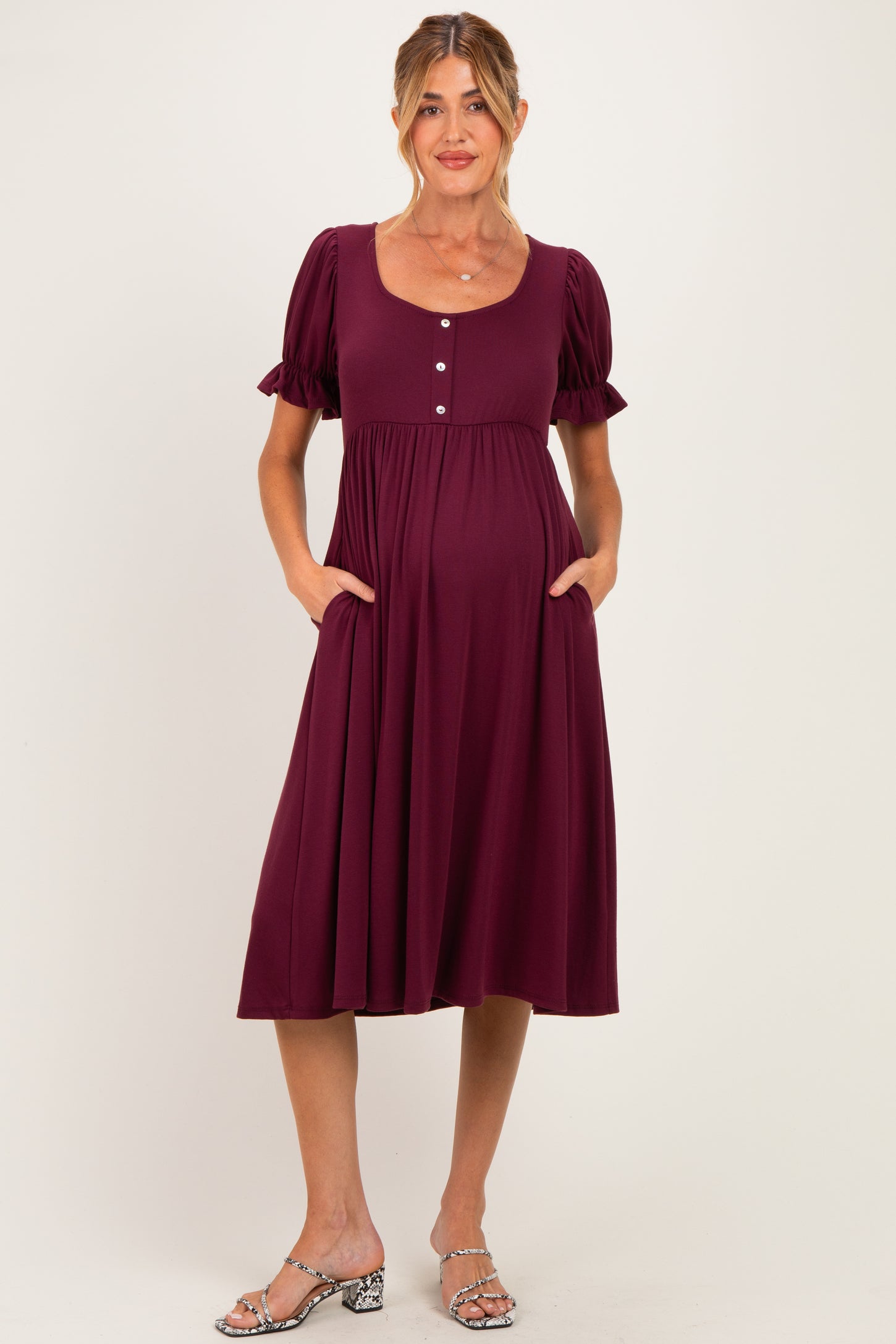 Burgundy Button Front Short Ruffle Sleeve Maternity Midi Dress