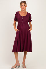 Burgundy Button Front Short Ruffle Sleeve Maternity Midi Dress