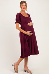 Burgundy Button Front Short Ruffle Sleeve Maternity Midi Dress