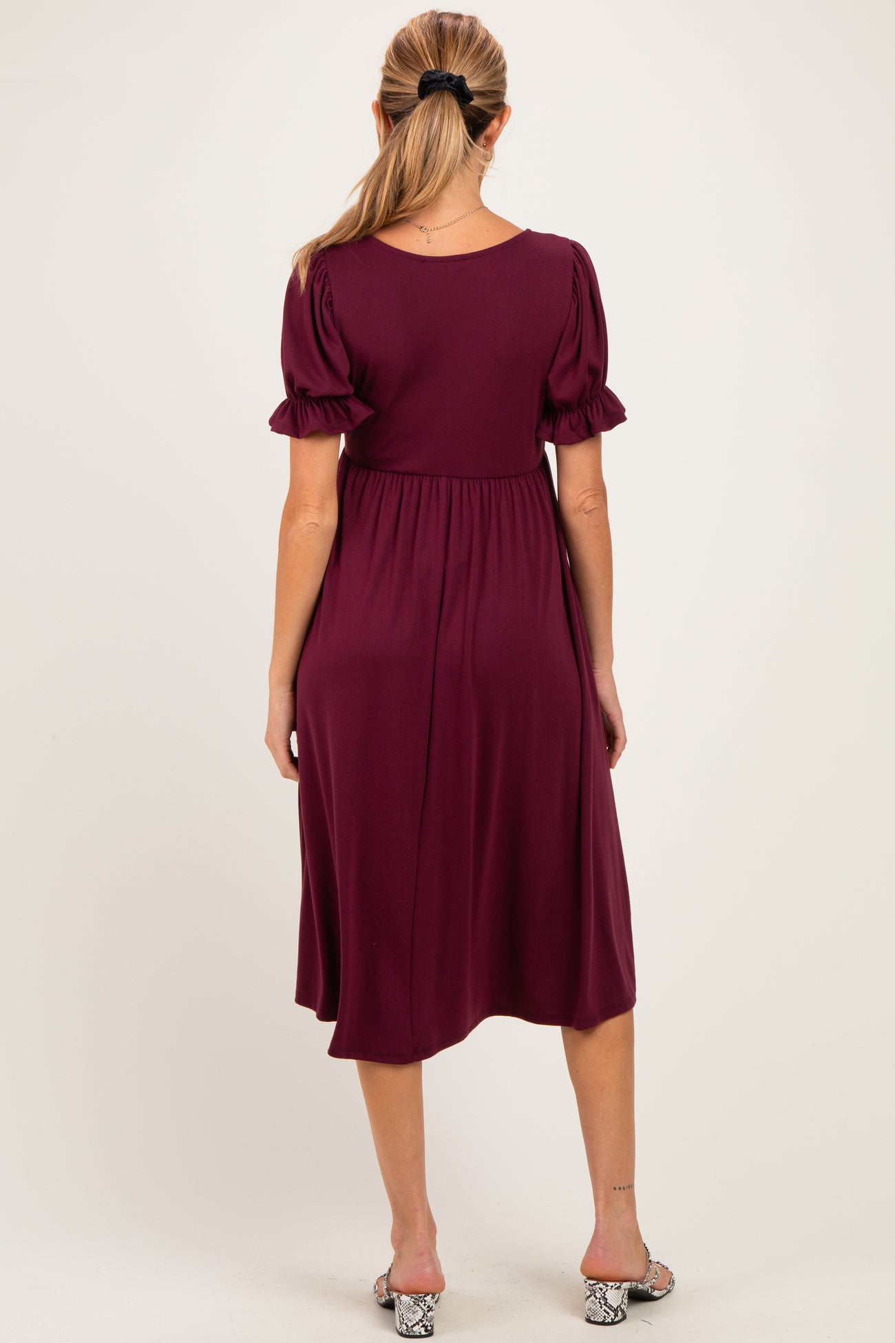 Burgundy Button Front Short Ruffle Sleeve Maternity Midi Dress