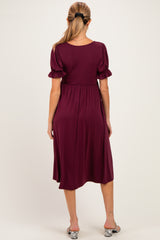 Burgundy Button Front Short Ruffle Sleeve Maternity Midi Dress