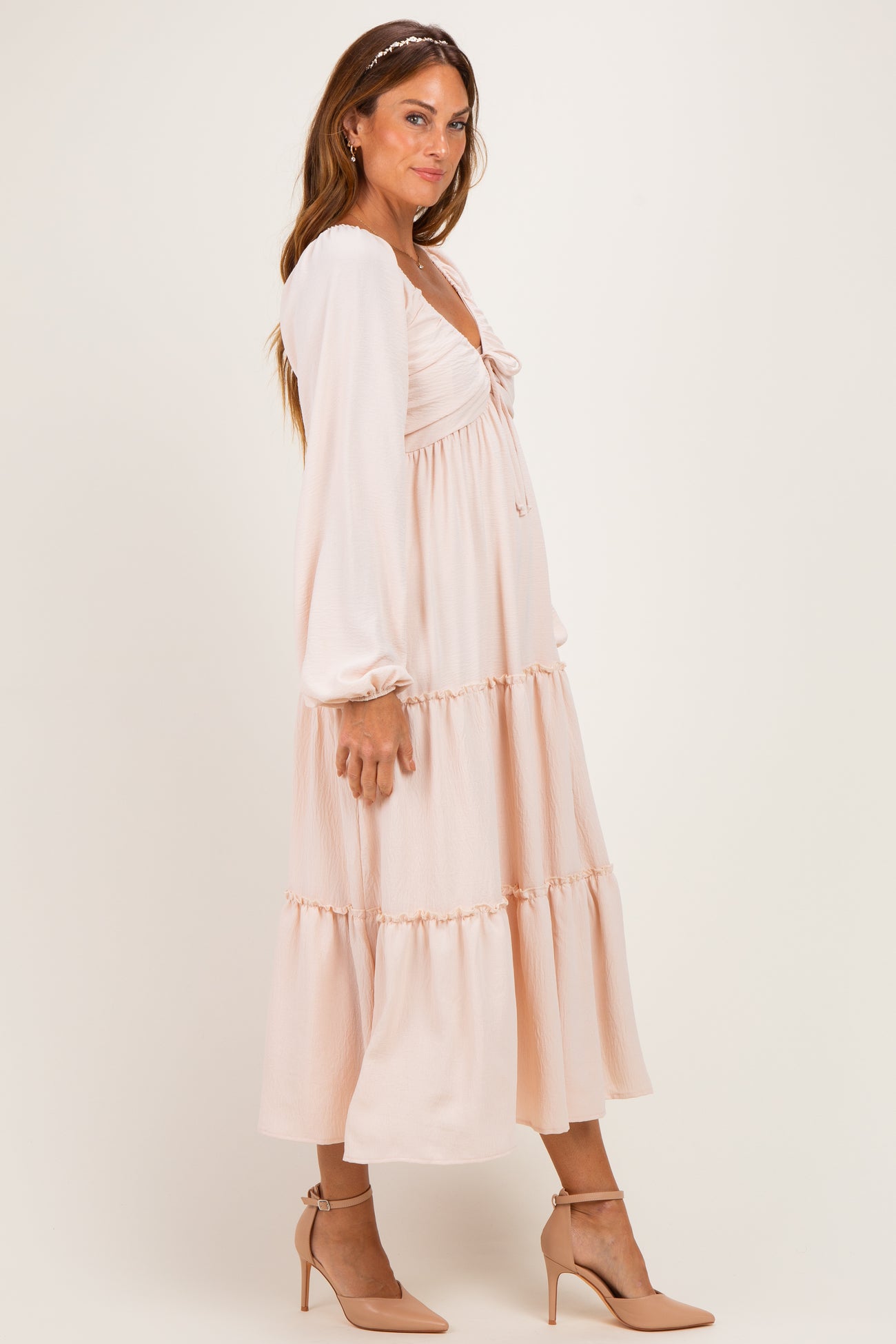 Beige Tiered Long Sleeve V-Neck Maxi Dress