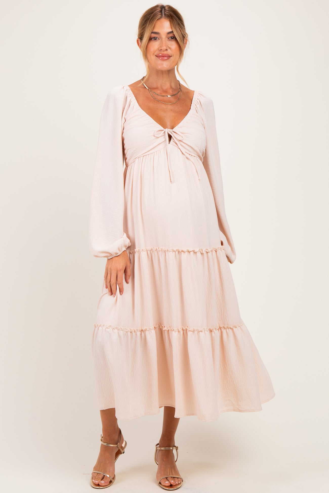 Beige Tiered Long Sleeve V-Neck Maternity Maxi Dress