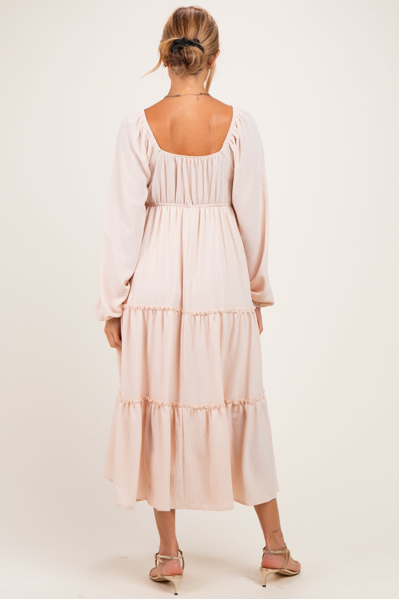 Beige Tiered Long Sleeve V-Neck Maternity Maxi Dress