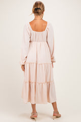 Beige Tiered Long Sleeve V-Neck Maternity Maxi Dress