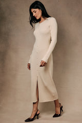 Cream Ribbed Long Sleeve Button Down Midi Dress