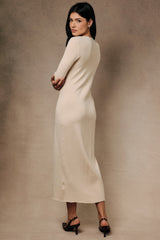 Cream Ribbed Long Sleeve Button Down Midi Dress