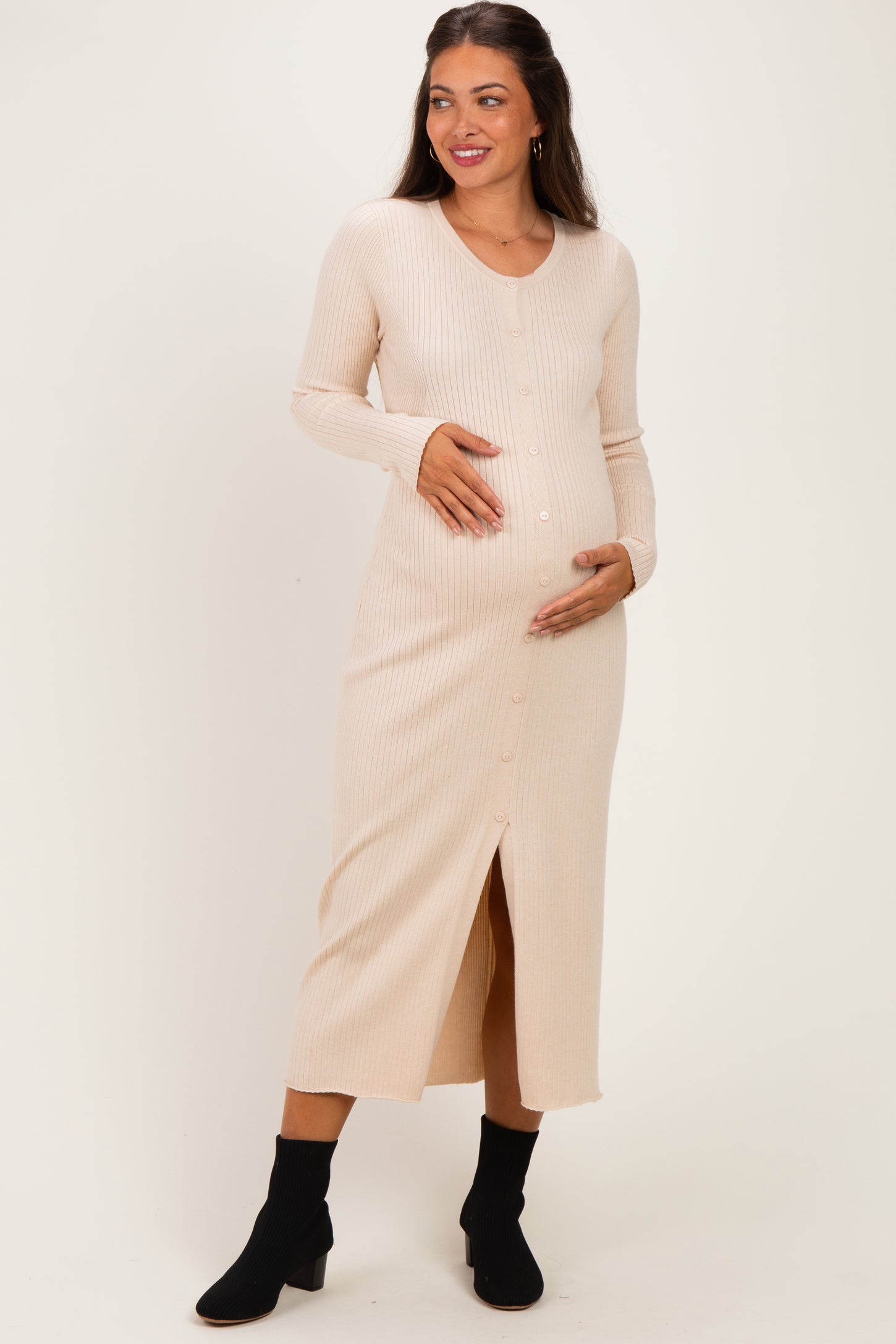 Cream Ribbed Long Sleeve Button Down Maternity Midi Dress