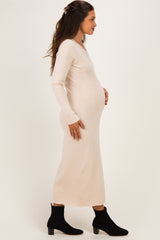 Cream Ribbed Long Sleeve Button Down Maternity Midi Dress
