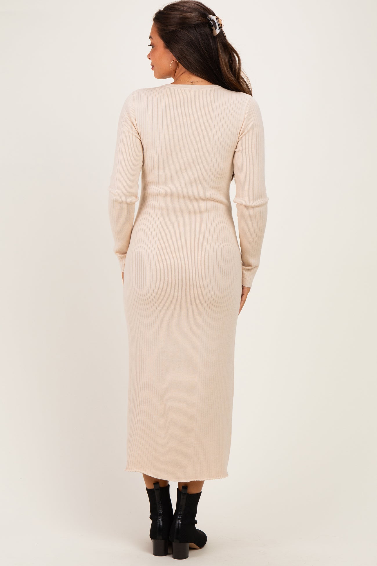 Cream Ribbed Long Sleeve Button Down Maternity Midi Dress