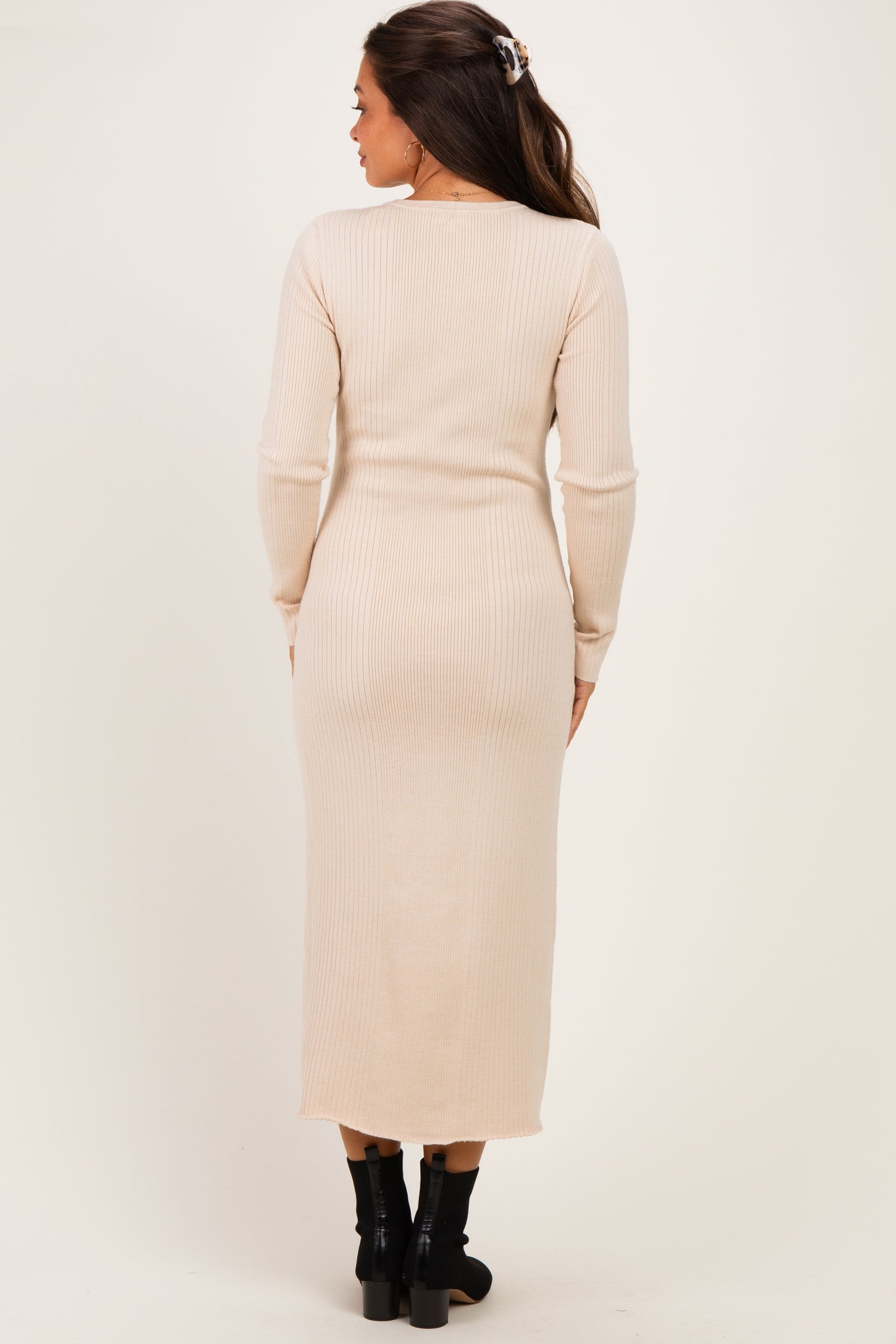 Cream Ribbed Long Sleeve Button Down Maternity Midi Dress