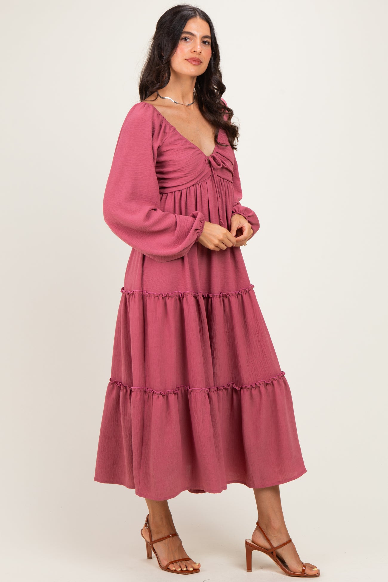 Mauve Tiered Long Sleeve V-Neck Maxi Dress