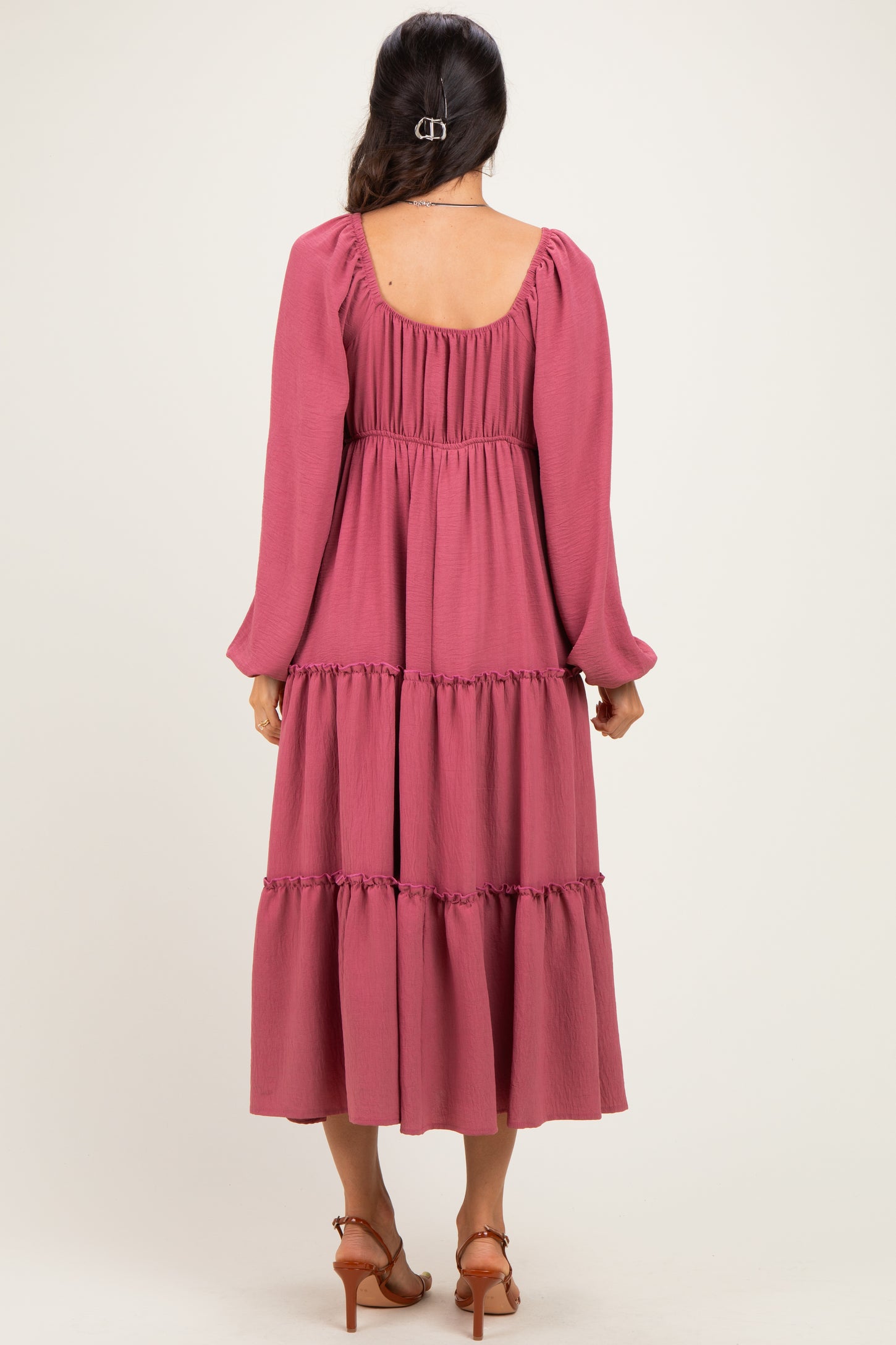 Mauve Tiered Long Sleeve V-Neck Maxi Dress