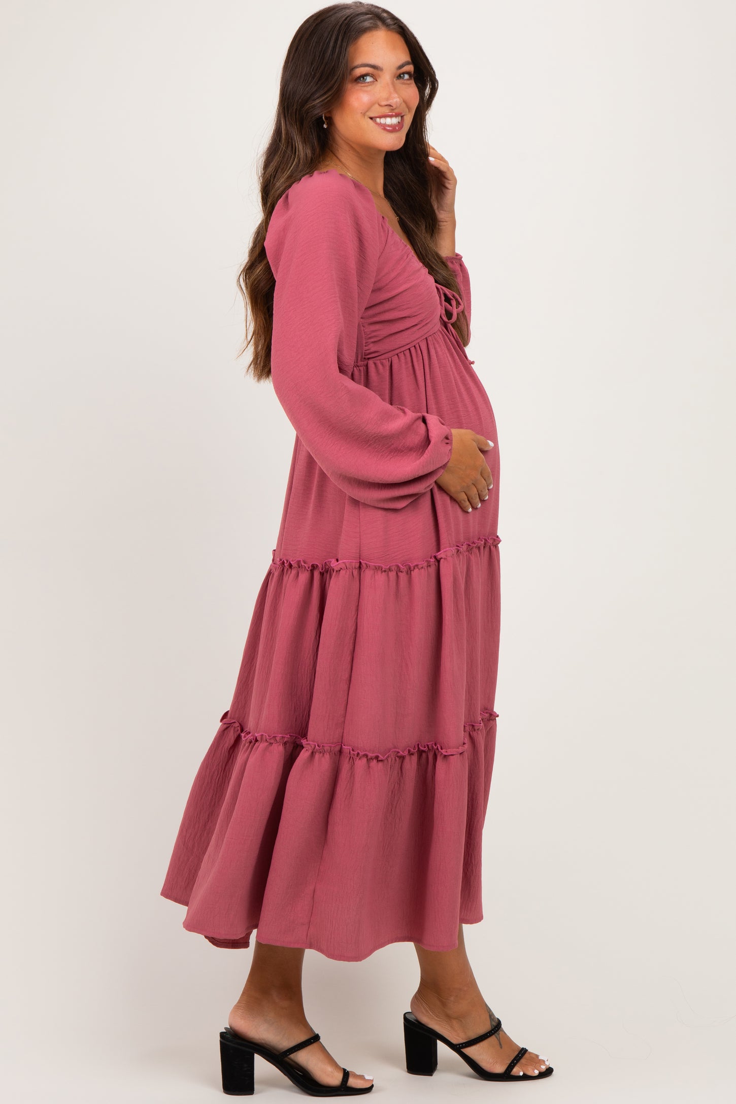 Mauve Tiered Long Sleeve V-Neck Maternity Maxi Dress