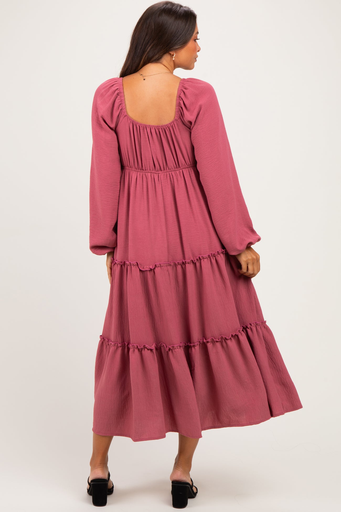 Mauve Tiered Long Sleeve V-Neck Maternity Maxi Dress