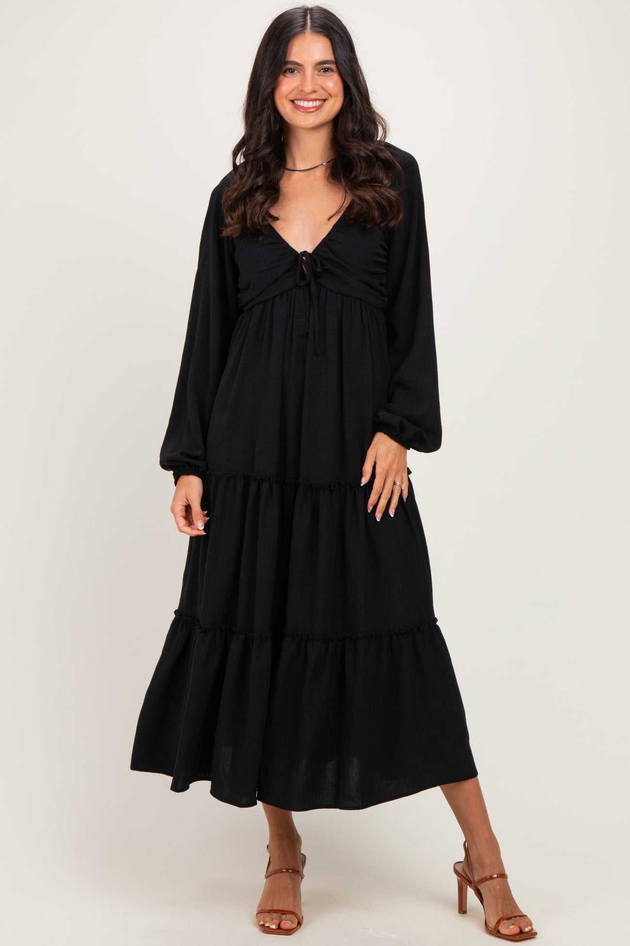 Black Tiered Long Sleeve V-Neck Maxi Dress