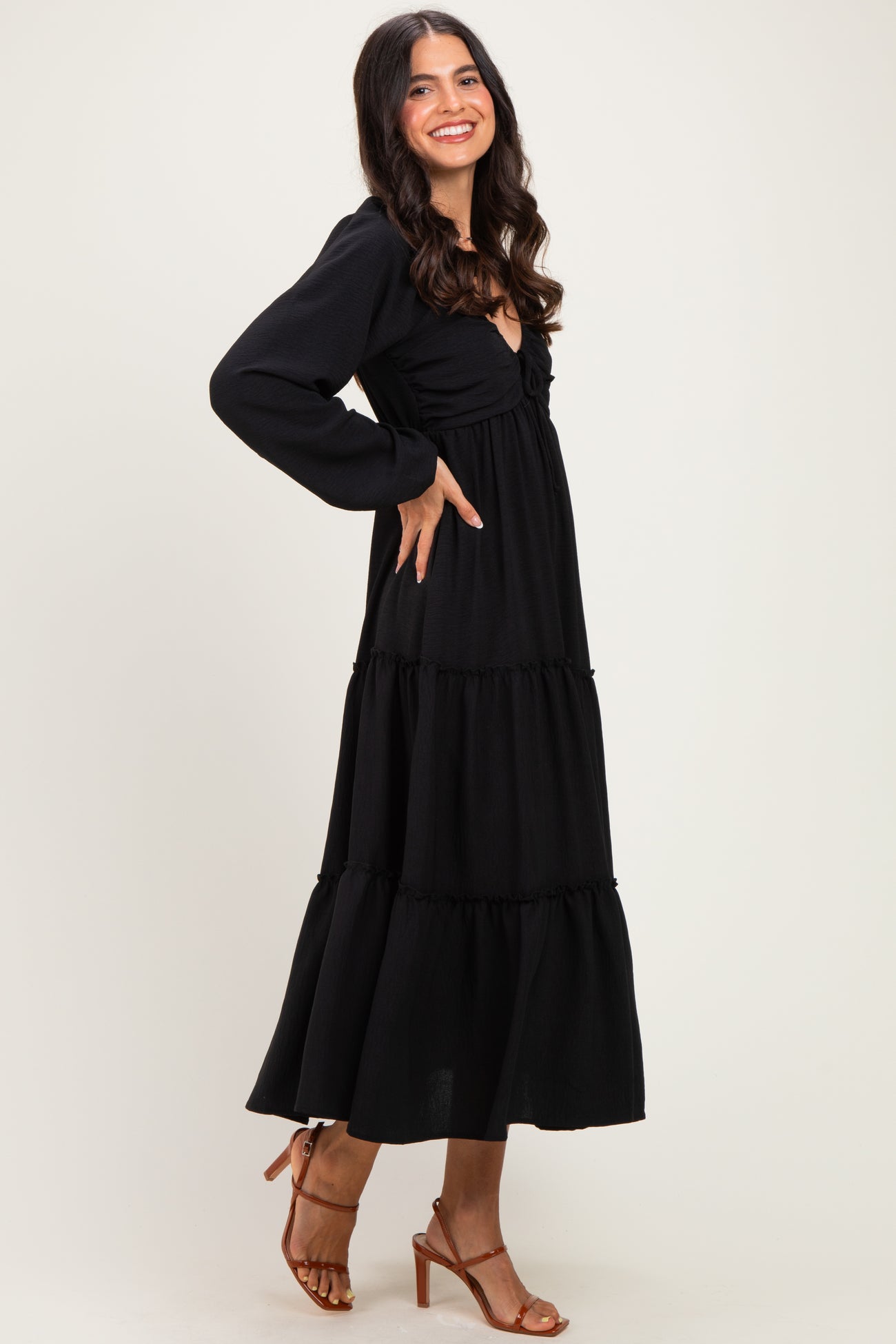 Black Tiered Long Sleeve V-Neck Maxi Dress
