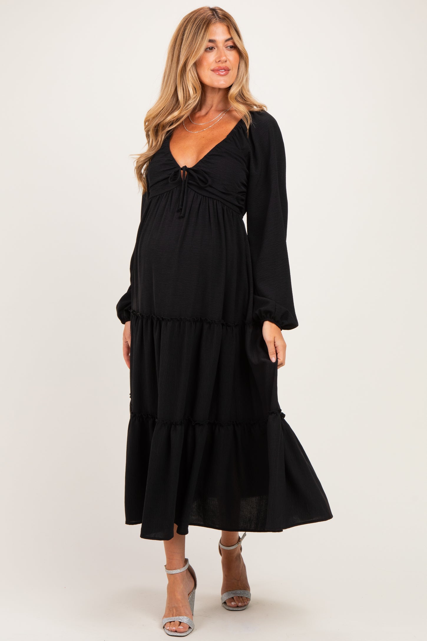 Black Tiered Long Sleeve V-Neck Maternity Maxi Dress
