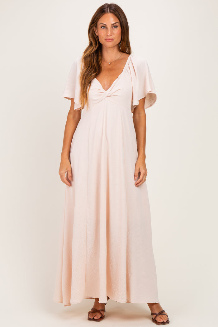 Beige Knotted V-Neck Flutter Sleeve Maxi Dress