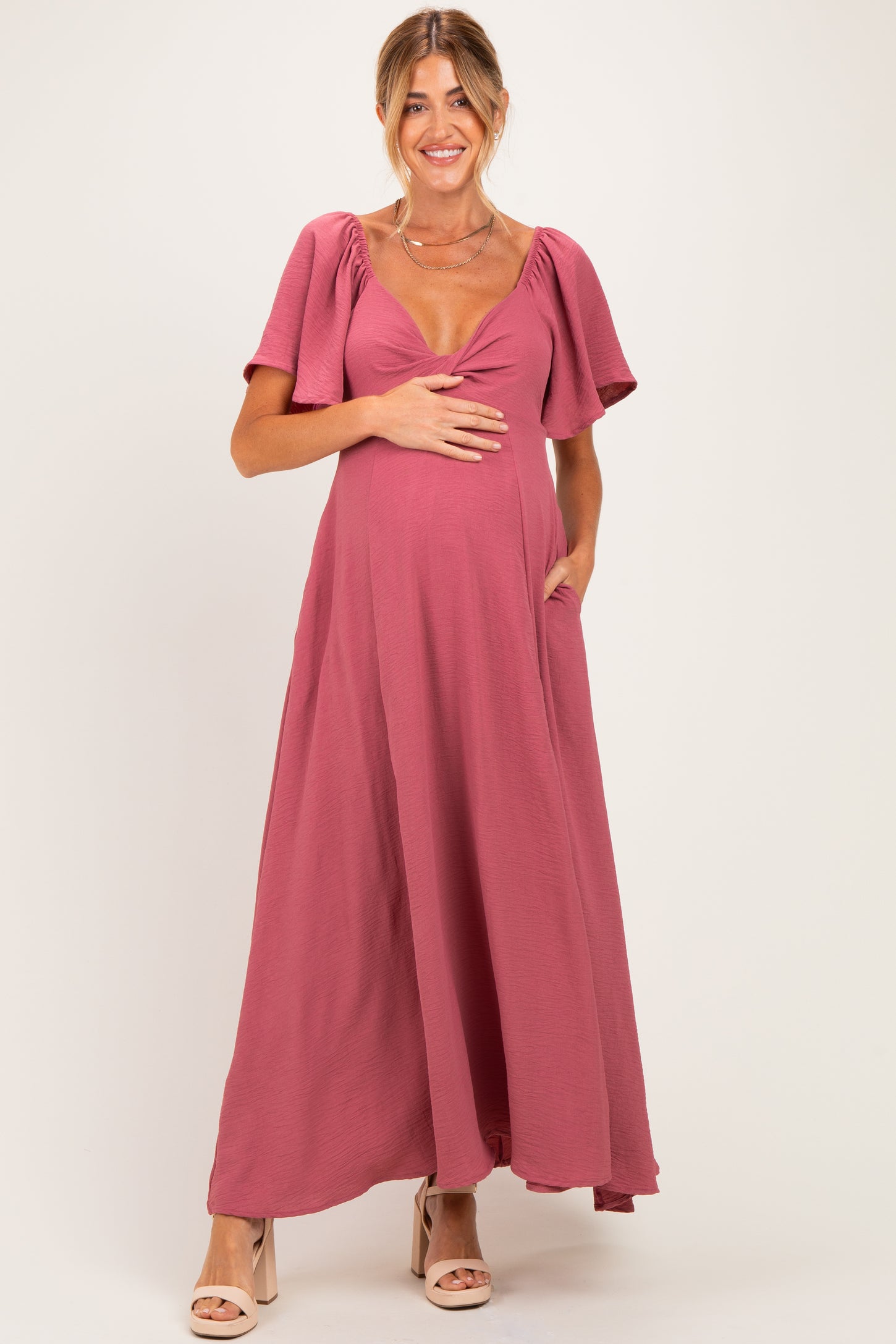 Mauve Knotted V-Neck Flutter Sleeve Maternity Maxi Dress