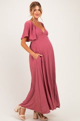 Mauve Knotted V-Neck Flutter Sleeve Maternity Maxi Dress